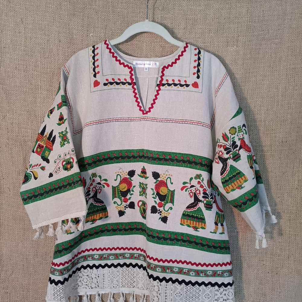 Colorful Printed Linen Upcycled, Tunic with Fringe And Vintage Trim.